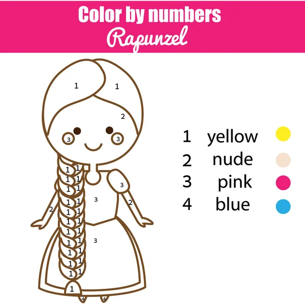 Gra edukacyjna dzieci. Kolorowanki z Rapunzel prnicess. Kolor przez numery, nadający się do wydruku aktywności — Wektor stockowy