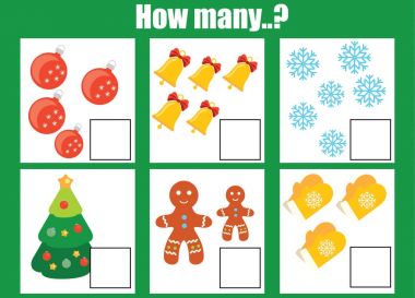 Eğitim çocuk oyunu sayma, etkinliği çalışma sayfası çocuklar. Kaç nesneleri görev. Noel, kış tatil Tema