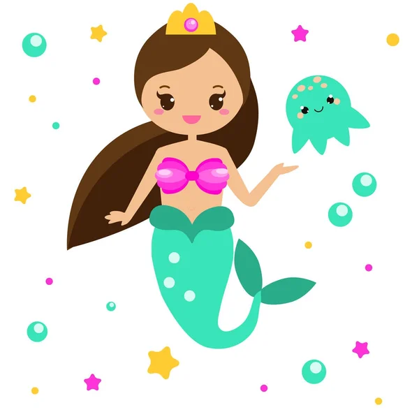 Bonita sereia com medusas. Personagem de desenhos animados, estilo kawaii. ilustração vetorial —  Vetores de Stock