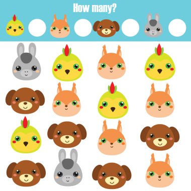 Eğitim çocuk oyunu sayma, matematik etkinlik çocuklar. Kaç nesneleri görev. Hayvan Tema