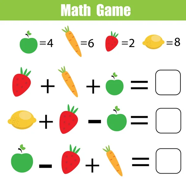 Gioco educativo di matematica per bambini. Equazioni di conteggio matematico — Vettoriale Stock