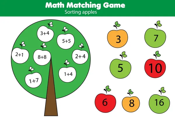 Matemática jogo educativo para crianças. Atividade matemática correspondente. Jogo de contagem para crianças, adição —  Vetores de Stock