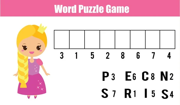 Palabras rompecabezas niños juego educativo con código de números. Pon las letras en orden correcto. Aprender vocabulario — Archivo Imágenes Vectoriales