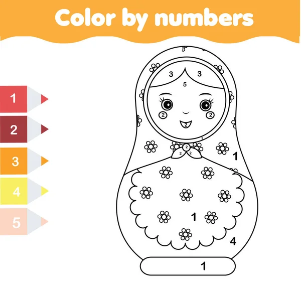 Kinder-Lernspiel. Malvorlage mit Matreschka-Puppe. Farbe nach Zahlen druckbare Aktivität — Stockvektor