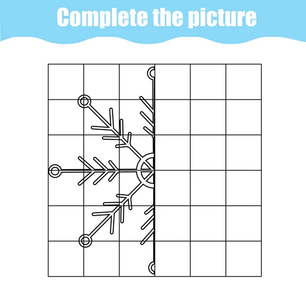 Complétez l'image jeu éducatif pour enfants, coloriage. Feuille d'activités pour enfants avec flocon de neige. Feuille de calcul de dessin imprimable — Image vectorielle