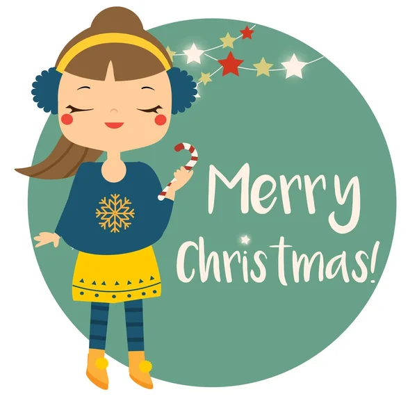 Linda chica de invierno sosteniendo bastón de caramelo. Feliz Navidad banner para niños y niños fiesta de Año Nuevo — Vector de stock