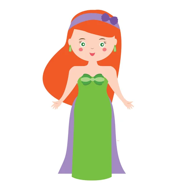 Cute princess. Girl in green long gown dress. Evening dress code. Cartoon style vector illustration — Stock Vector