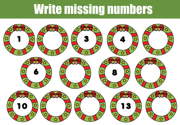 Mathematik-Lernspiel für Kinder. Schreibe die fehlenden Zahlen. Weihnachtsthema — Stockvektor