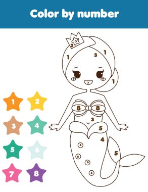 Çocuk eğitim oyunu. Deniz kızı ile boyama sayfası. Sayılar, yazdırılabilir etkinlik renk