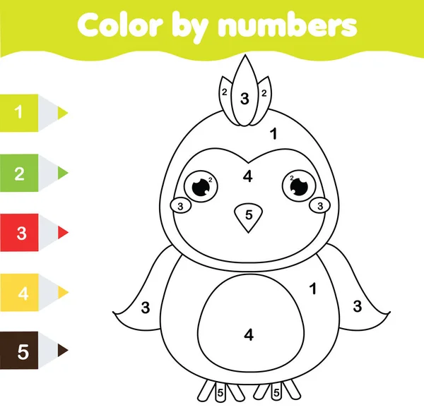 Kinder-Lernspiel. Malseite mit Papagei. Farbe nach Zahlen, druckbare Aktivität — Stockvektor
