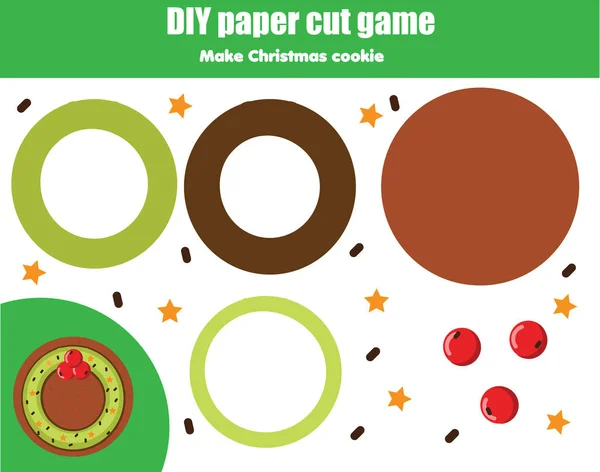 Cortar y pegar juego educativo para niños. Actividad de corte de papel. Hacer un Año Nuevo, galletas de Navidad con pegamento. Hoja de trabajo DIY — Vector de stock