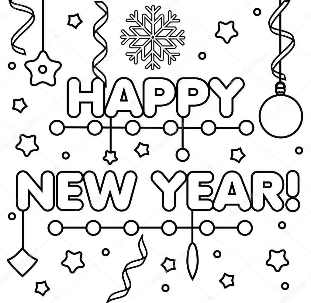 Coloring page with happy New Year text. Drawing kids game. Printable activity. DIY greeting card