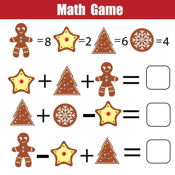 Matematický vzdělávací hra pro děti. Matematické počítání rovnic. Vánoce, Zimní prázdniny téma — Stockový vektor