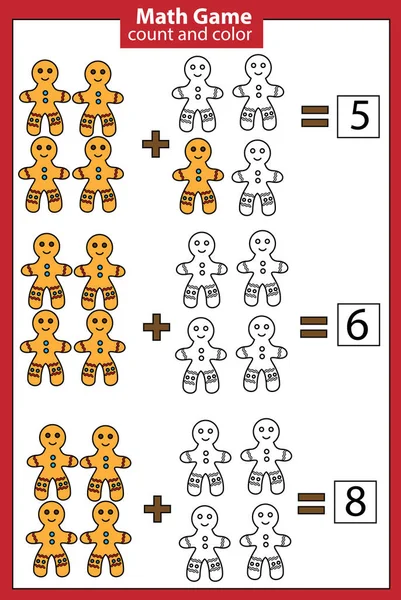 Mathematik-Lernspiel für Kinder. Zählgleichungen. Arbeitsblatt hinzufügen. Weihnachtsthema — Stockvektor