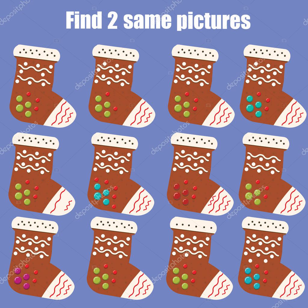 Find the same pictures children educational game. Christmas, winter holidays theme.