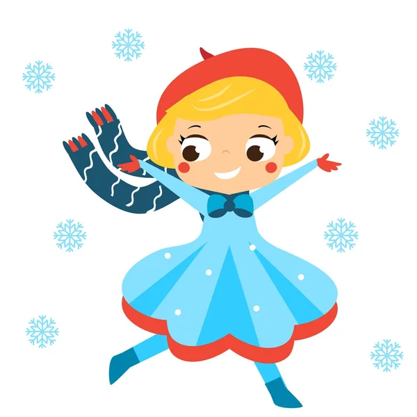Kar yağışı kaçan sevimli kış kız. Çocuklar açık hava etkinliği kış. Vektör çizim — Stok Vektör