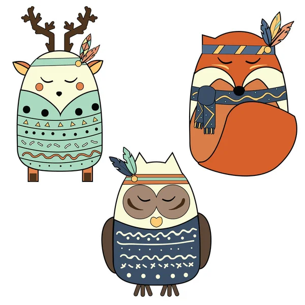 Zimowe boho zwierzęta rysowane w ręku stylu. Jeleń, fox, Sowa — Wektor stockowy