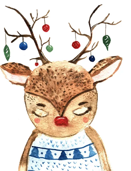 Słodkie Boże Narodzenie Jeleń z nowego roku bombki na hornes. Ręcznie rysowane akwarela ilustracja na zimowe pozdrowienia — Zdjęcie stockowe