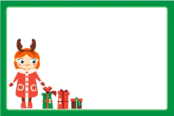 Cartoon lächelnde Mädchenfigur mit Weihnachtshörnern Stirnband. Kinder stehen mit Neujahrsgeschenkboxen. Rahmendesign-Vorlage für Fotos, Kinderdiplome, Kinderurkunden, Einladungen und vieles mehr — Stockvektor