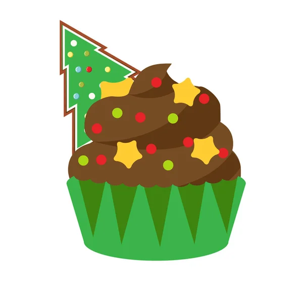 Pastel de Navidad con pan de jengibre de abeto verde y estrellas. Comida de Año Nuevo, panadería — Vector de stock