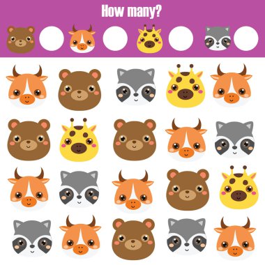 Eğitim çocuk oyunu sayma, etkinliği çalışma sayfası çocuklar. Kaç tane nesnesi. Matematik öğrenme