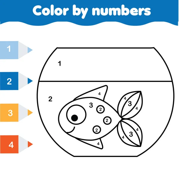 Children educational game. Coloring page with fish in aquarium. Color by numbers, printable activity — Stock Vector