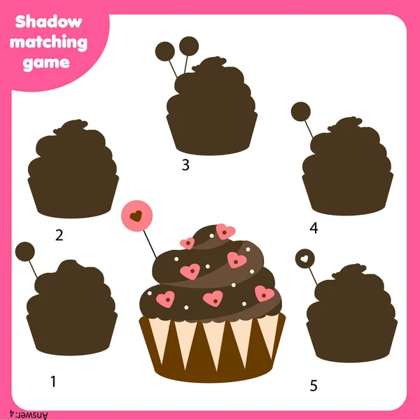 Schaduw matching game. Kids activiteit met Valentijnsdag cupcake — Stockvector