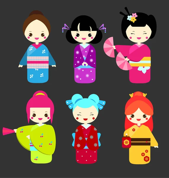 Lindas Muñecas Kawaii Kokeshi Muñecas Japonesas Tradicionales Chicas Kimono Ilustración — Vector de stock