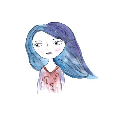 Mavi saçlı Sevimli suluboya kız. Portre