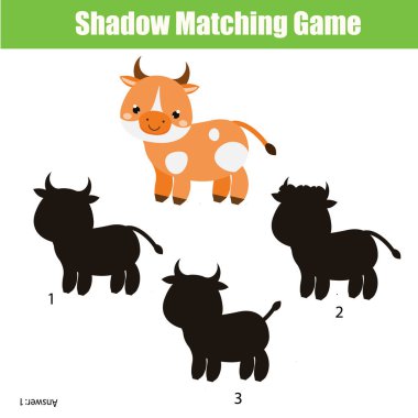 Gölge eşleştirme oyunu çocuklar için. Sağ gölge inek için bulmak. Etkinliği okul öncesi çocuklar ve todders için. Çiftlik hayvanları Tema
