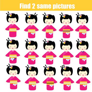 Aynı resimleri çocuk eğitim oyunu bulun. Kokeshi bebek kids hareket eşit çiftleri bulmak.