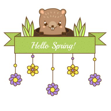 Bugün Aslında Dündü tebrik afiş. Delikten bakan şirin köstebek ile mevsimlik tasarım şablonu. metin yeşil şerit üzerinde ' Merhaba bahar'