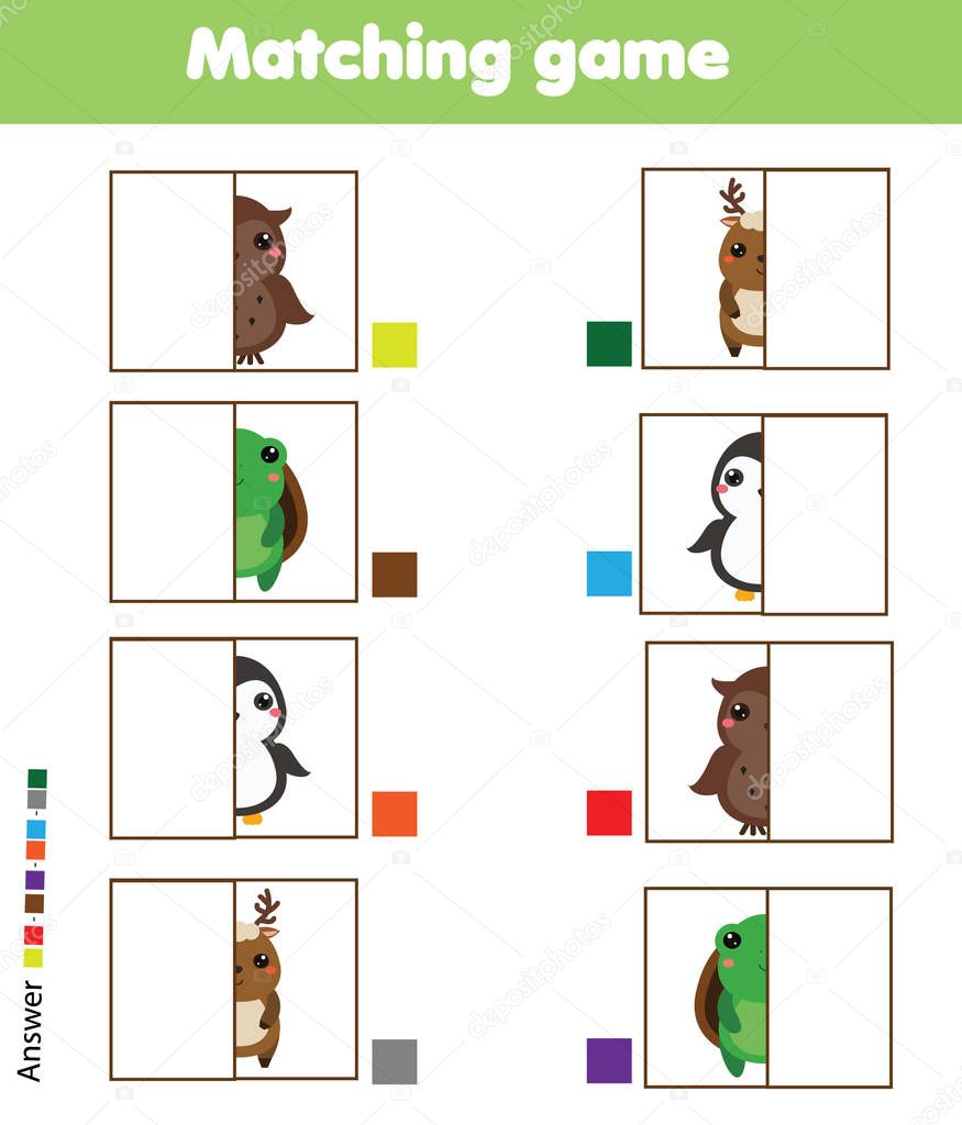Matching children educational game. Match animals parts. Activity for pre shool years kids and toddlers