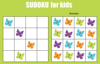 Sudoku Oyun çocuklar için. Kelebekler ile çocuklar etkinlik sayfası