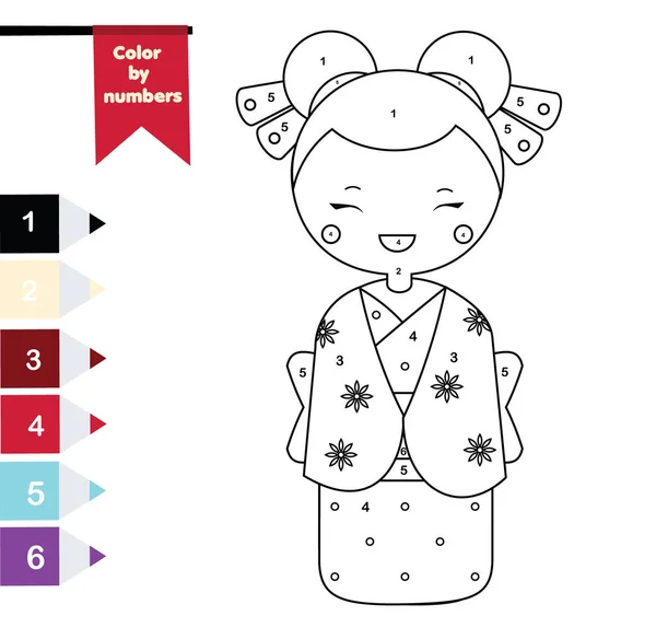 Crianças jogo educativo. Desenho para colorir com menina japonesa em quimono. Cor por números, atividade imprimível —  Vetores de Stock