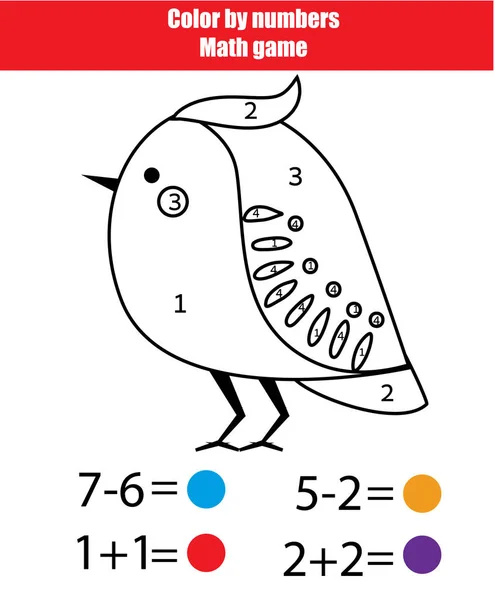 A gyermekek oktatási játék. Matematika actvity. Színes számok, nyomtatható munkalapok. Madár színező oldal — Stock Vector