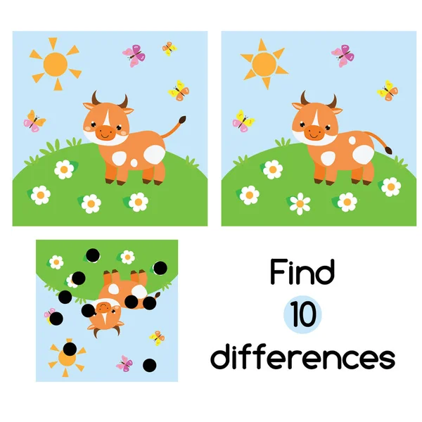 Find Differences Educational Children Game Answer Kids Activity Sheet Cow — Stock Vector