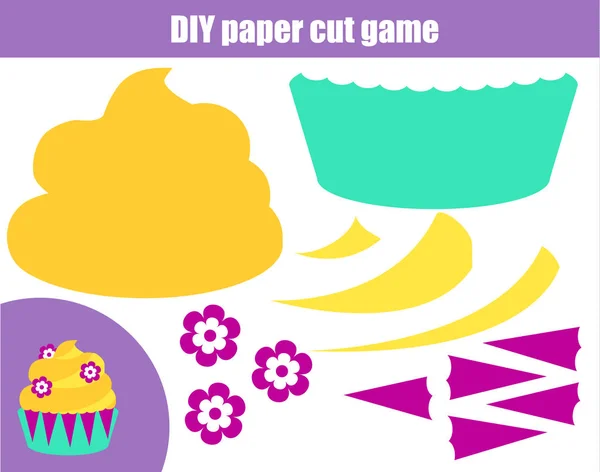 Diy 子ども教育創造的なチュートリアル ゲーム 紙削減活動 接着剤とハサミとおいしいカップケーキを作る — ストックベクタ