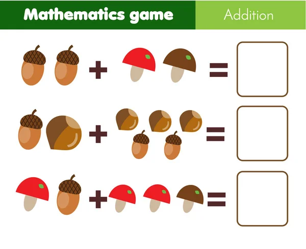 Matematika workshhet. Számolás eduational játék a gyermekek számára. Hány objektumok hozzáadása — Stock Vector