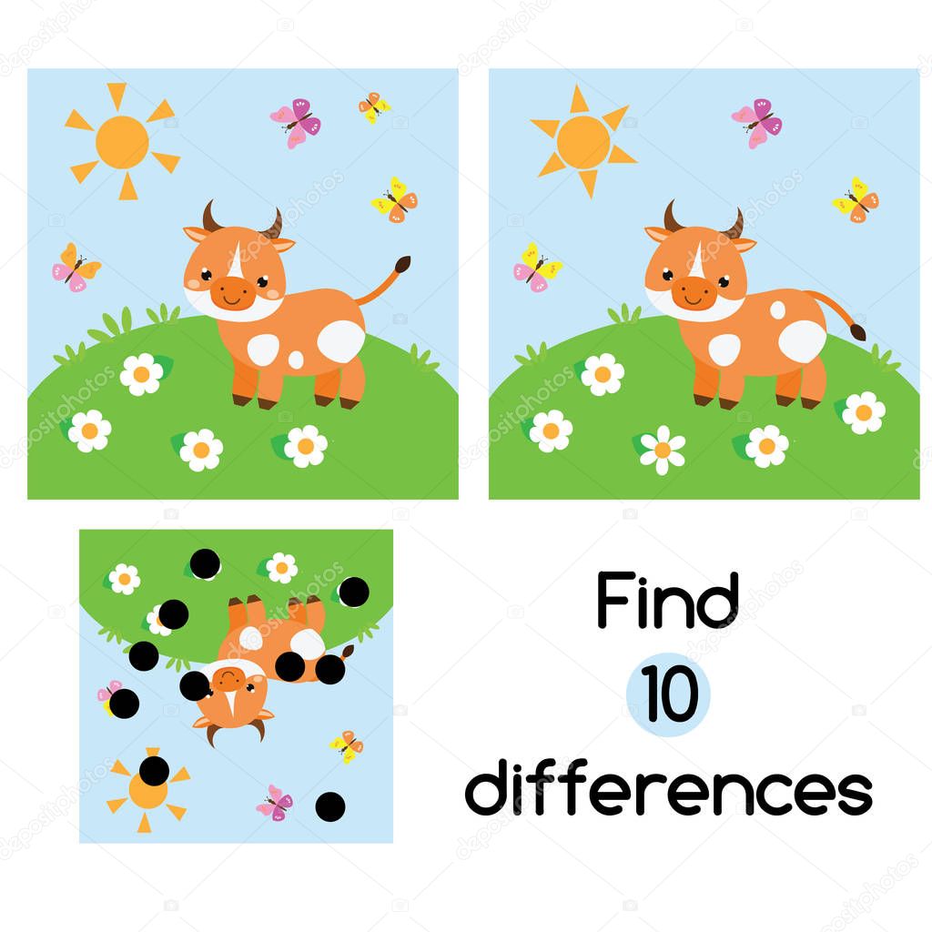 Find the differences educational children game with answer. Kids activity sheet with cow on meadow. Animals theme