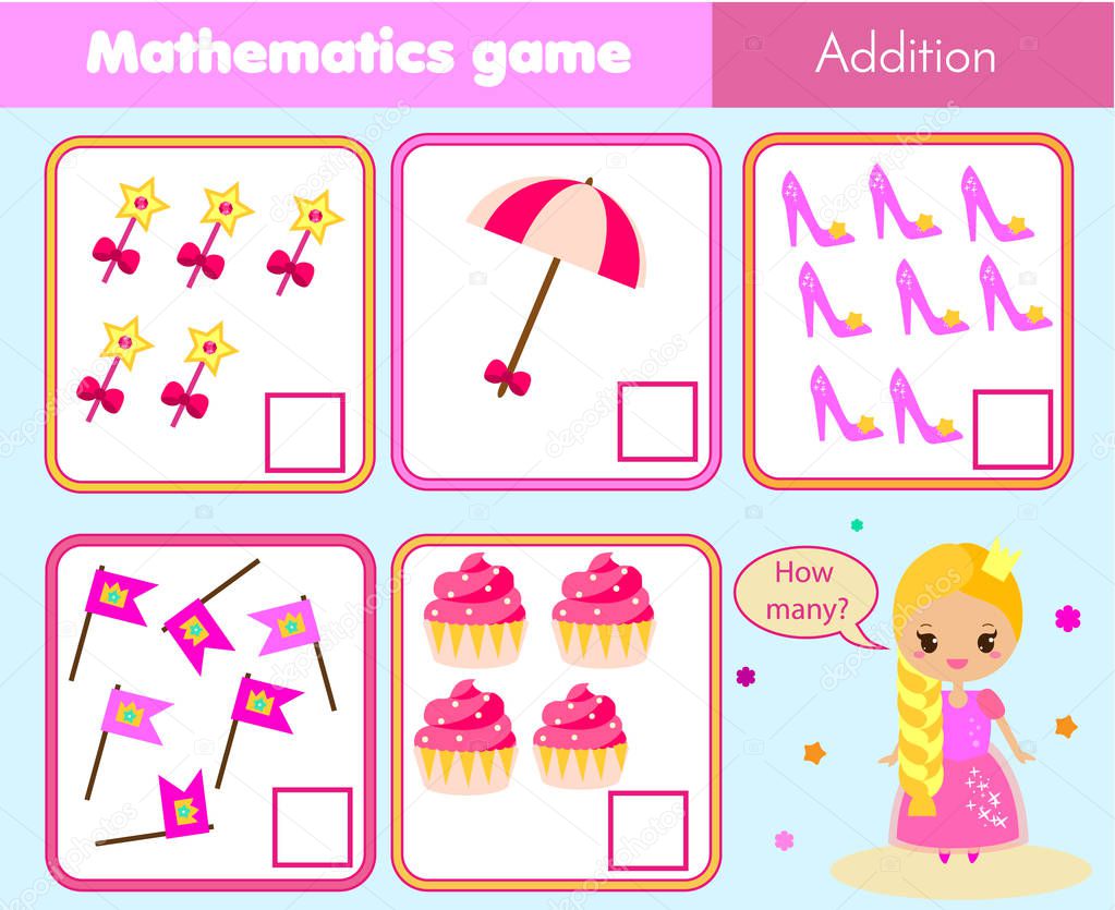 Counting educational children game, math kids activity sheet. How many objects task. Learning mathematics, numbers, addition theme. Counting game for girls