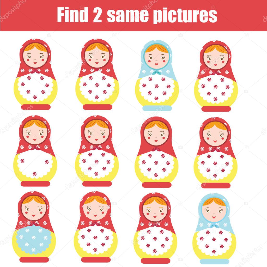 Find the same pictures children educational game. Find same matreshka dolls