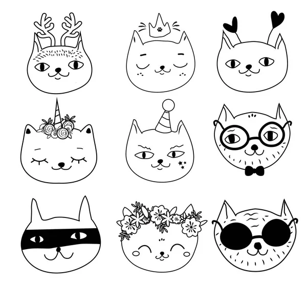 Doodle Gatos Dibujo Dibujado Mano Cabezas Gatos Iconos Elementos Diseño — Archivo Imágenes Vectoriales