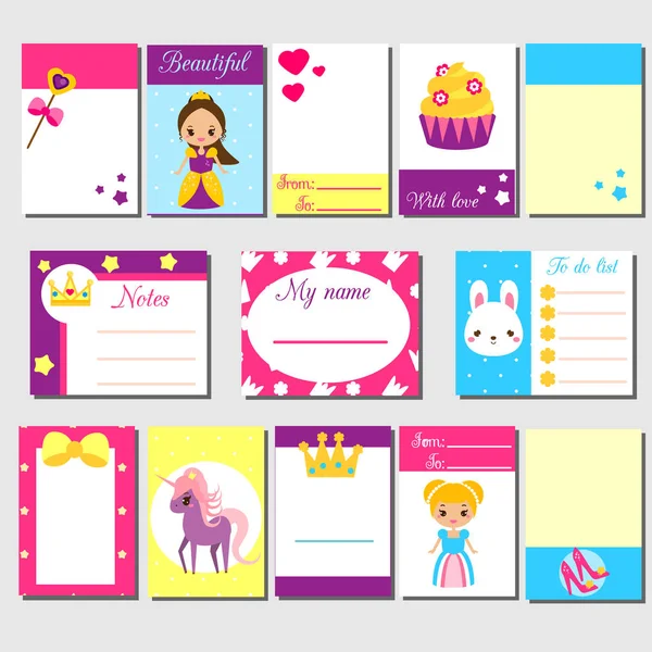 Tarjetas, notas adhesivas, pegatinas, etiquetas, etiquetas, con lindos personajes de princesa. Plantilla para álbumes de recortes para niños, invitaciones. Papelería para las niñas blogs — Archivo Imágenes Vectoriales