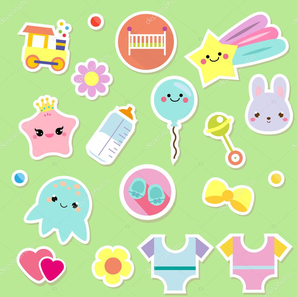 Baby stickers. Kids, children design elements for scrapbook. Decorative vector icons with toys, clothes, sun, rattle and other cute newborn babies symbols