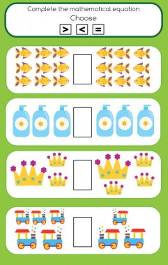 Çocuklar için matematik eğitici bir oyun. Matematiksel denklemi görevi tamamlamak, daha, daha az veya eşit seçin
