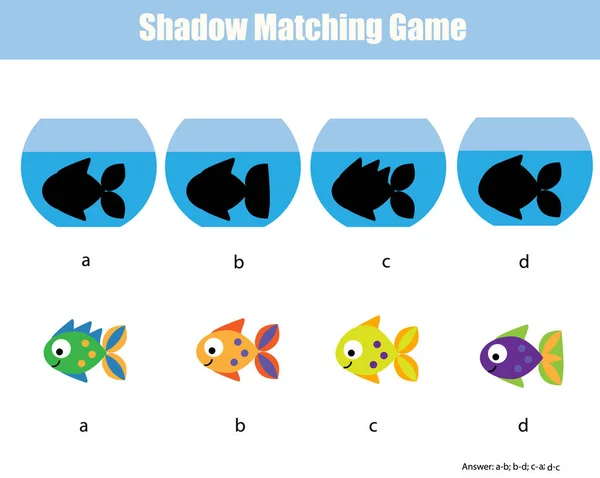 Sombra juego de correspondencias. Actividad infantil con peces — Vector de stock