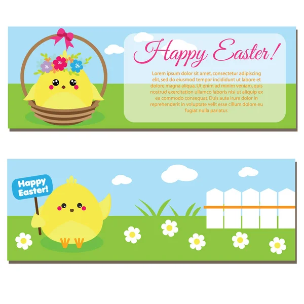 Feliz Pascua pancartas horisontales con lindos pollos de dibujos animados . — Vector de stock