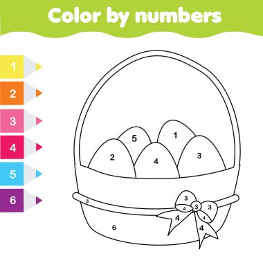 Paskalya çizim oyunu. Sayılar, yazdırılabilir çalışma renk. Paskalya yumurtaları ile boyama sayfası. Küçük bebekler ve çocuklar için eğitici bir oyun