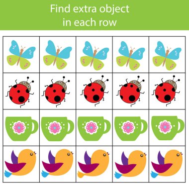 Eğitim çocuk oyunu. Mantık oyunu. Fazladan nesneyi satır bulun. Ne türü uygun değil